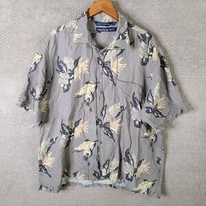 Vintage‎ Nautica Shirt Mens XXL Gray Floral Linen Blend Hawaiian Button Up